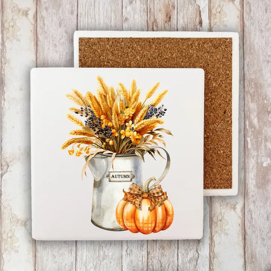 Fall Autumn Wheat Checkered Pumpkins Stone Coaster