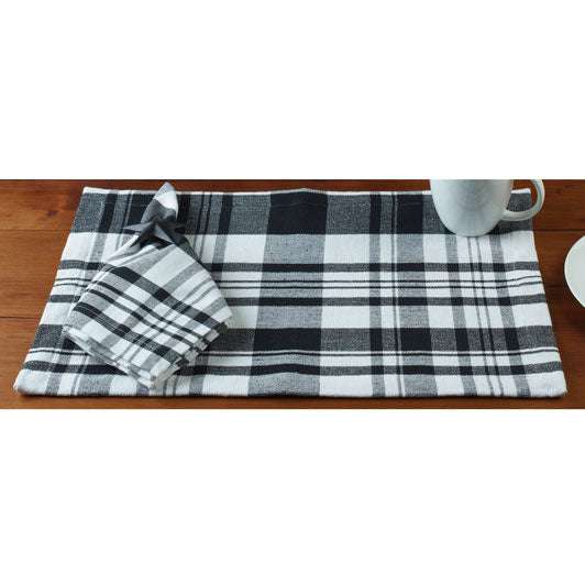 Conover Placemat This placemat is a large black and white plaid and is made of 100% cotton. Measures: 13x19"