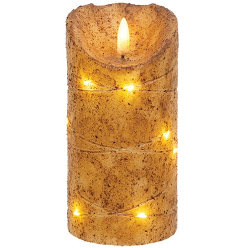 Burnt Ivory LED Wrapped Flicker Flame Timer Pillar, 6"