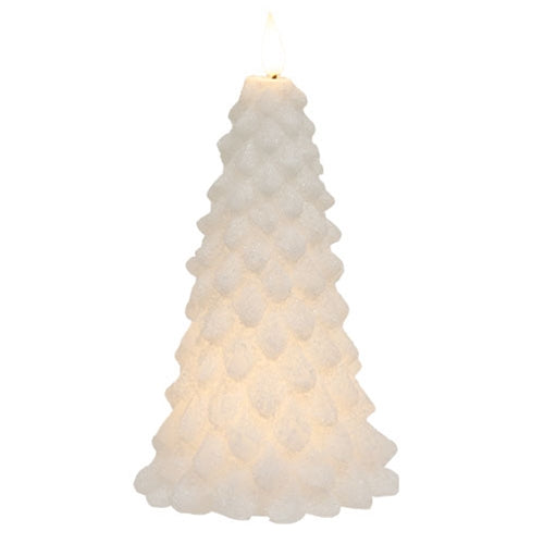 White Glittered Christmas Tree Timer Candle 9 inches tall