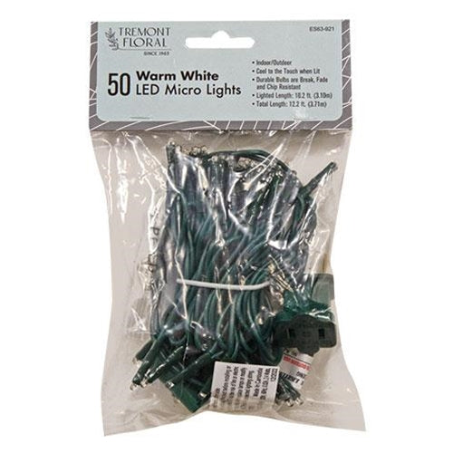 Warm White LED Micro Lights, 50 Count, Green Cord