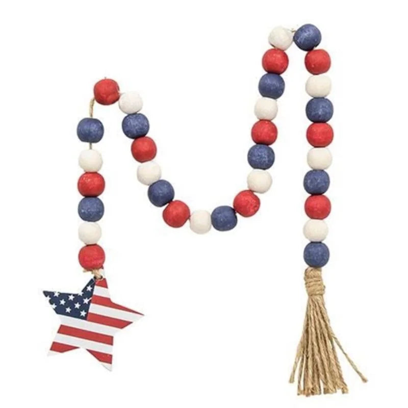 Beaded Garland in Red White and Blue with Flag Star and Tassel