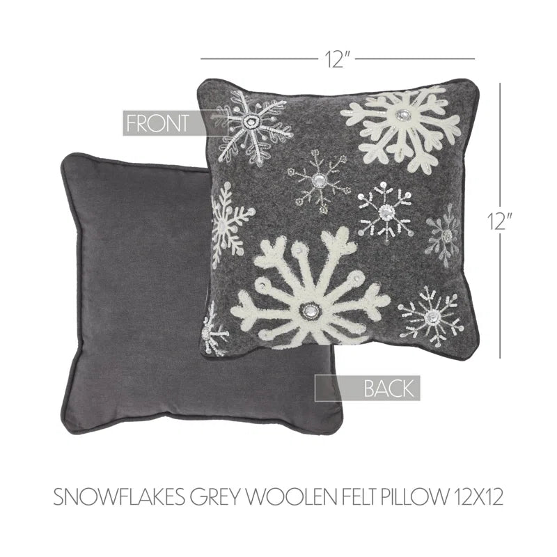 12 in. x 12 in. Grey Snowflakes Woolen Felt Christmas Winter Throw Pillow