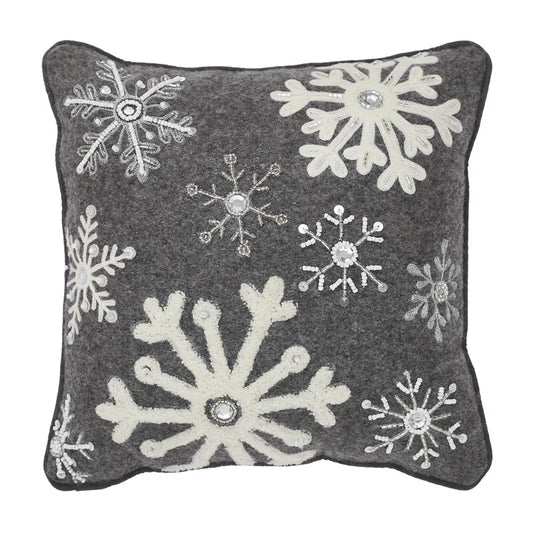 12 in. x 12 in. Grey Snowflakes Woolen Felt Christmas Winter Throw Pillow