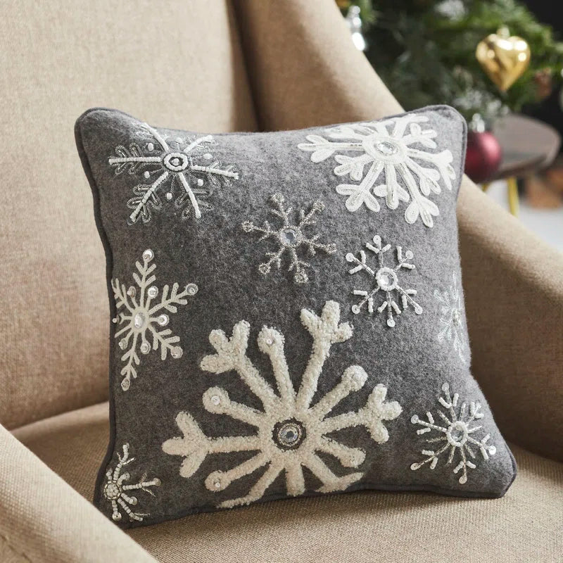 12 in. x 12 in. Grey Snowflakes Woolen Felt Christmas Winter Throw Pillow