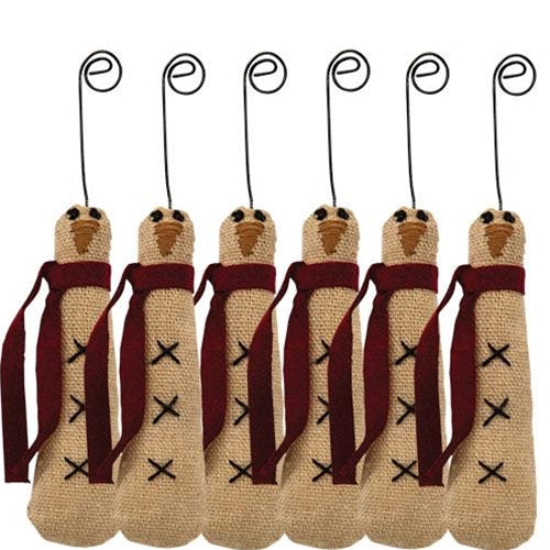 Set of 6 Skinny Primitive Snowman Ornaments